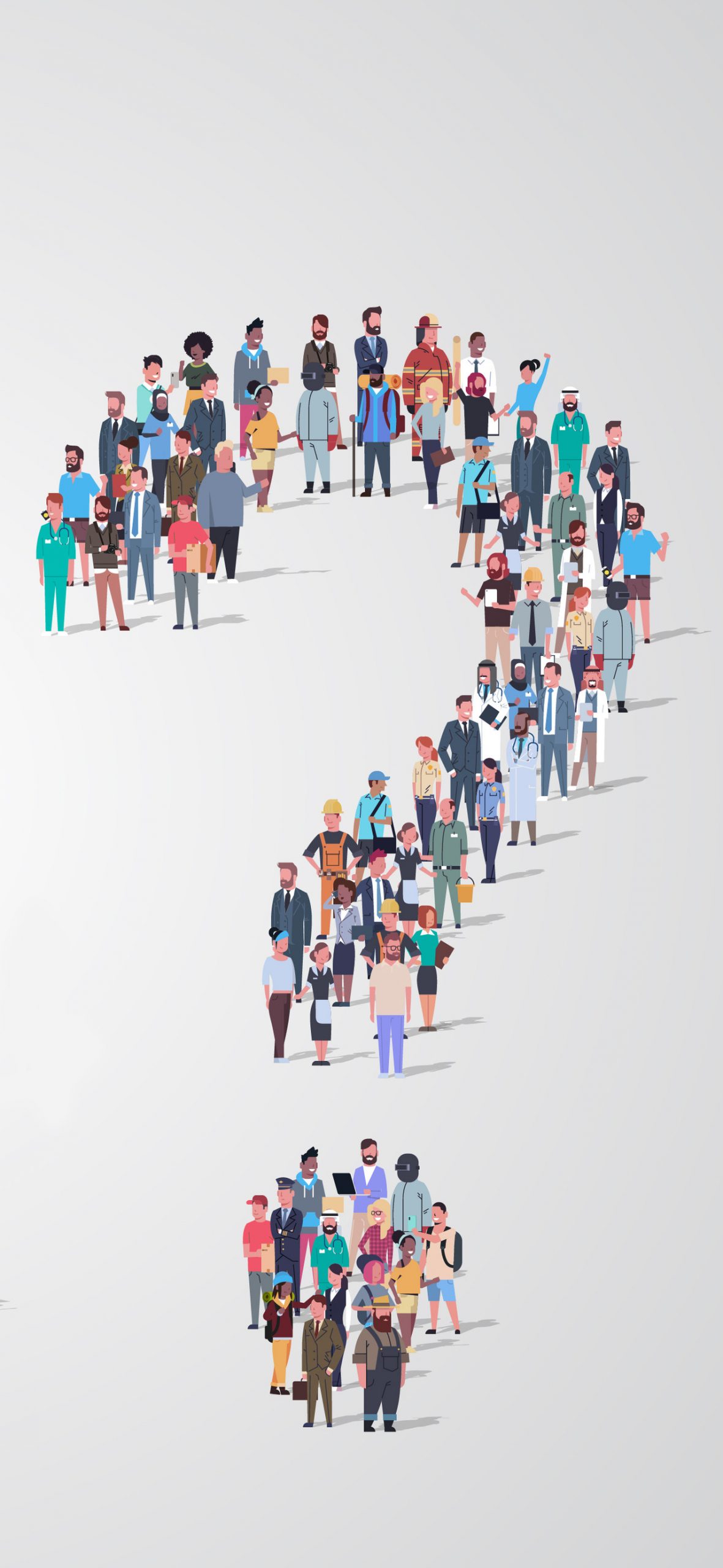 big people crowd standing together in shape of question mark sign different occupation employees group pondering problem concept full length horizontal copy space